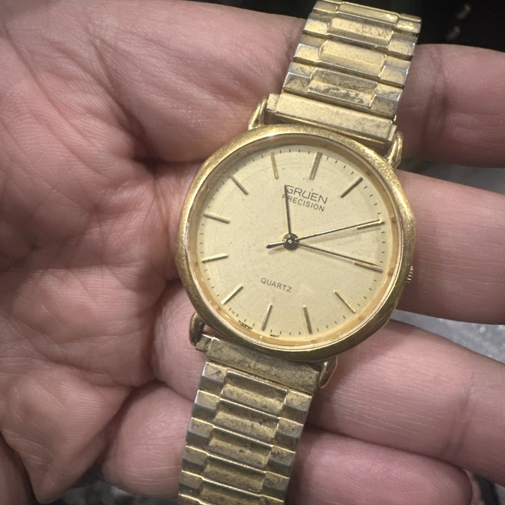 Working Vintage Gruen Precision Quartz Gold Tone Mens Watch 30mm Fit 7.5 Rare
